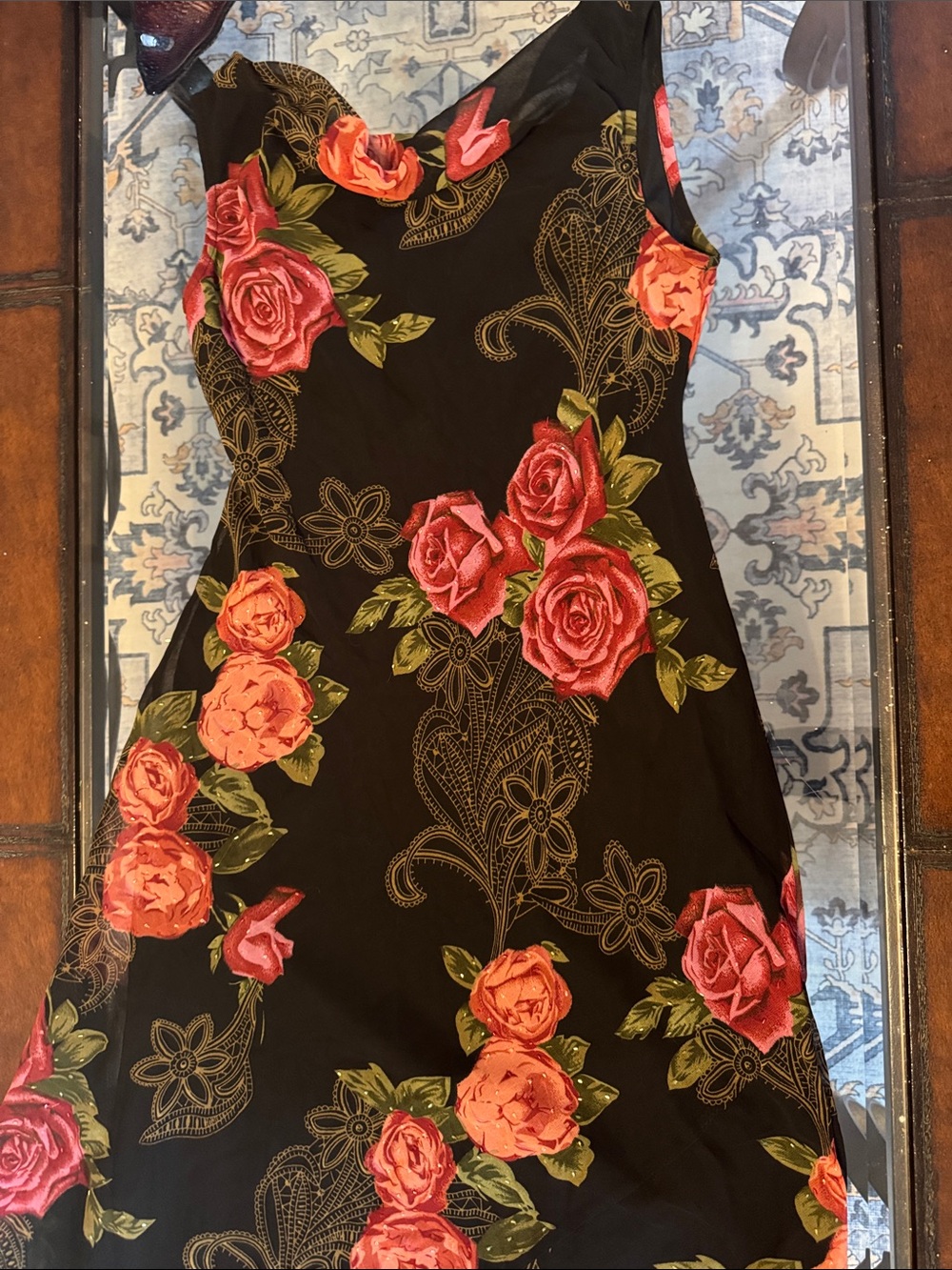 Vintage y2k Black Midi Dress with Red & Coral Rose Print